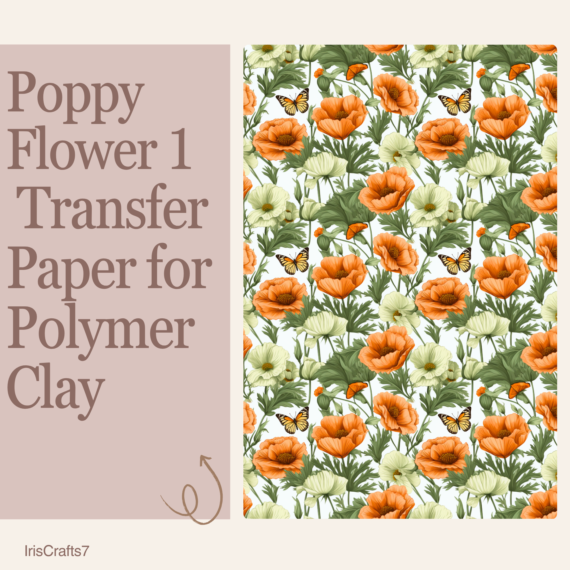Poppy Flower 1 Water Soluble Transfer Paper for Polymer Clay | 100x150mm | Floral Botanical Clay Transfer | Earring Jewellery Making Supply