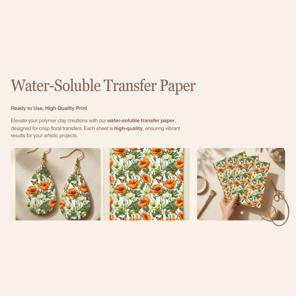 Poppy Flower 1 Water Soluble Transfer Paper for Polymer Clay | 100x150mm | Floral Botanical Clay Transfer | Earring Jewellery Making Supply