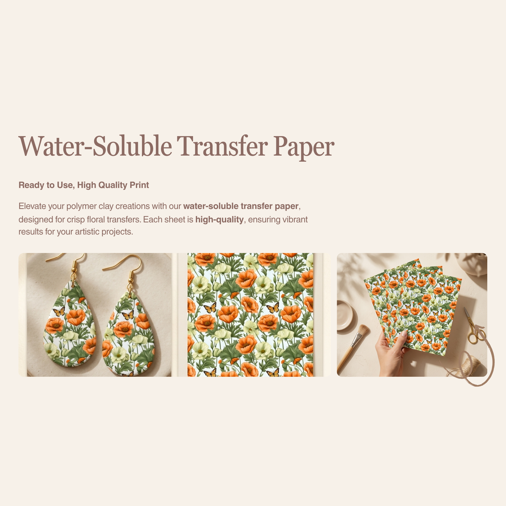 Poppy Flower 1 Water Soluble Transfer Paper for Polymer Clay | 100x150mm | Floral Botanical Clay Transfer | Earring Jewellery Making Supply