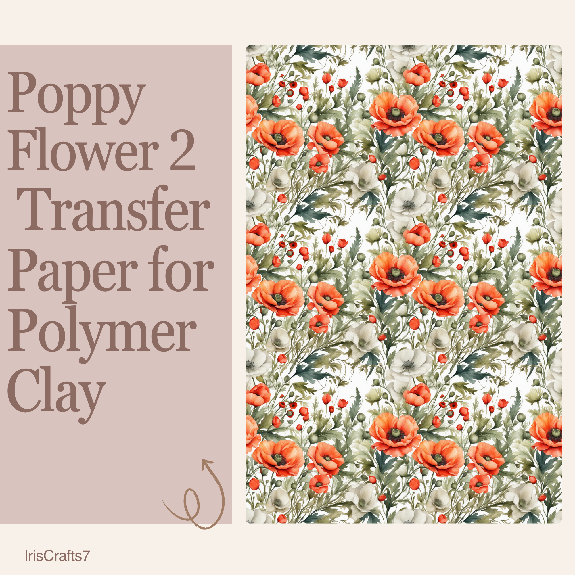 Poppy Flower 2 Water Soluble Transfer Paper for Polymer Clay | 100x150mm | Floral Botanical Clay Transfer | Earring Jewellery Making Supply
