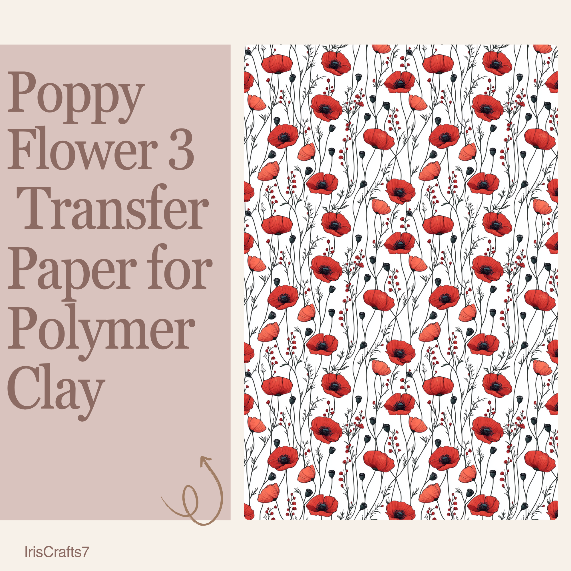 Poppy Flower 3 Water Soluble Transfer Paper for Polymer Clay | 100x150mm | Floral Botanical Clay Transfer | Earring Jewellery Making Supply