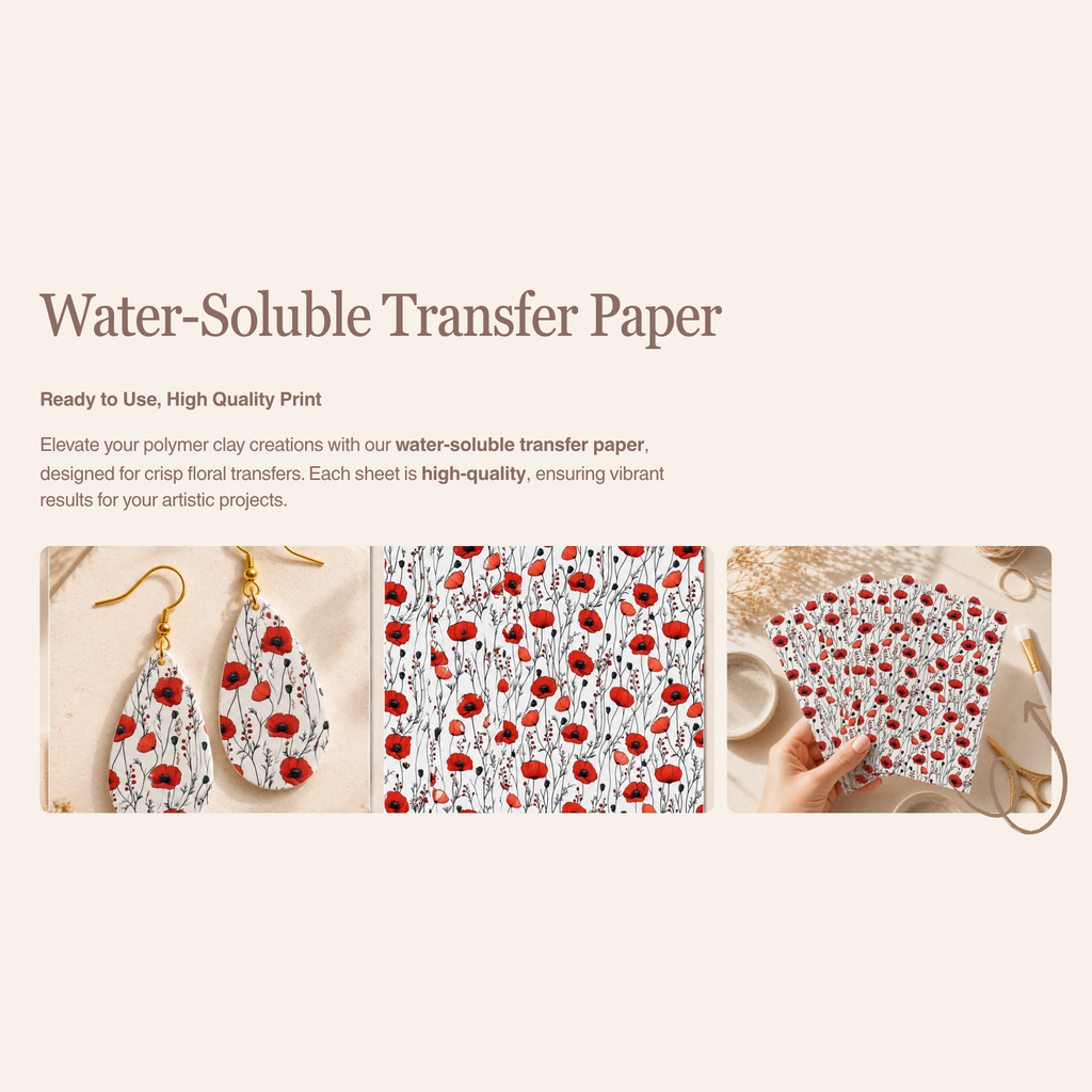 Poppy Flower 3 Water Soluble Transfer Paper for Polymer Clay | 100x150mm | Floral Botanical Clay Transfer | Earring Jewellery Making Supply