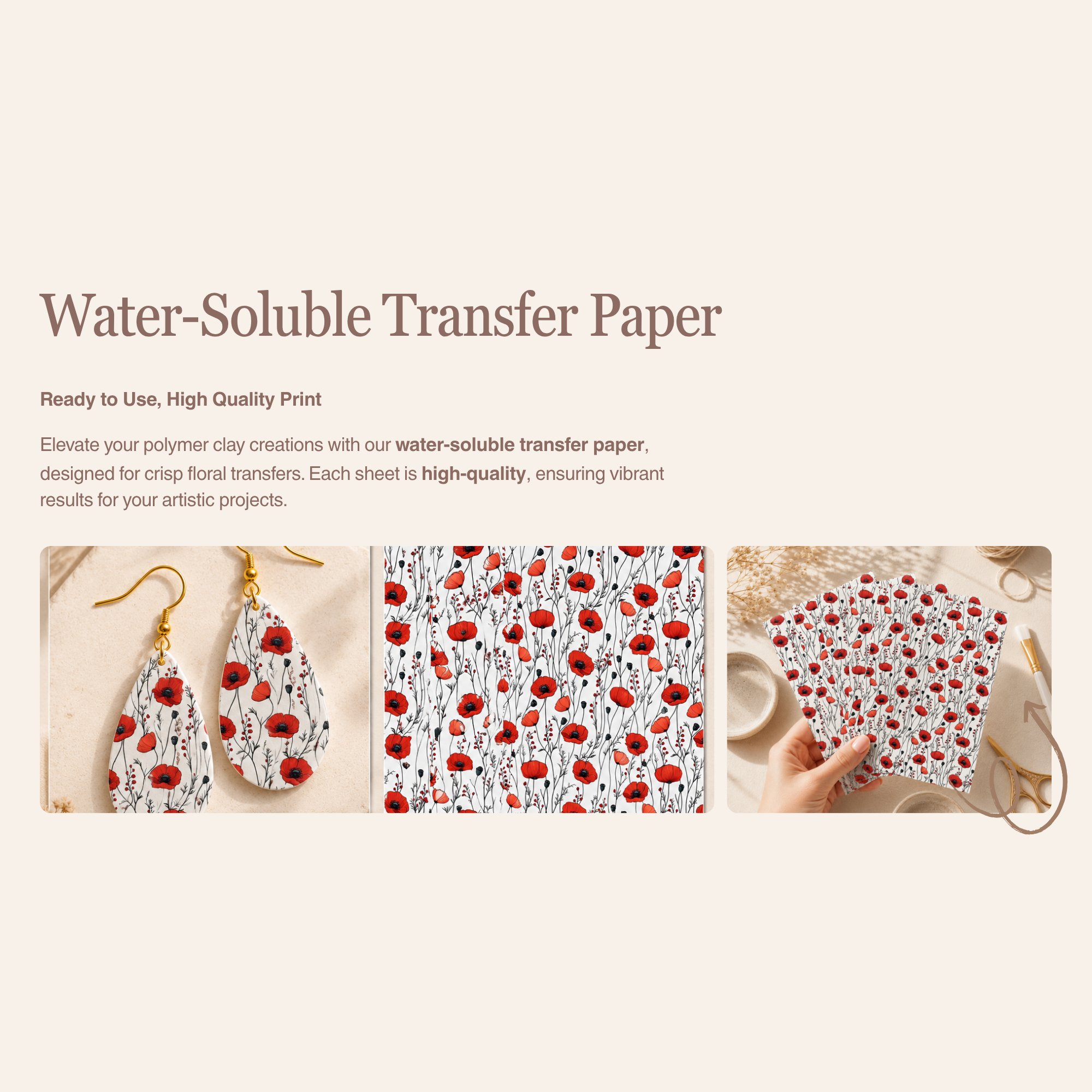 Poppy Flower 3 Water Soluble Transfer Paper for Polymer Clay | 100x150mm | Floral Botanical Clay Transfer | Earring Jewellery Making Supply