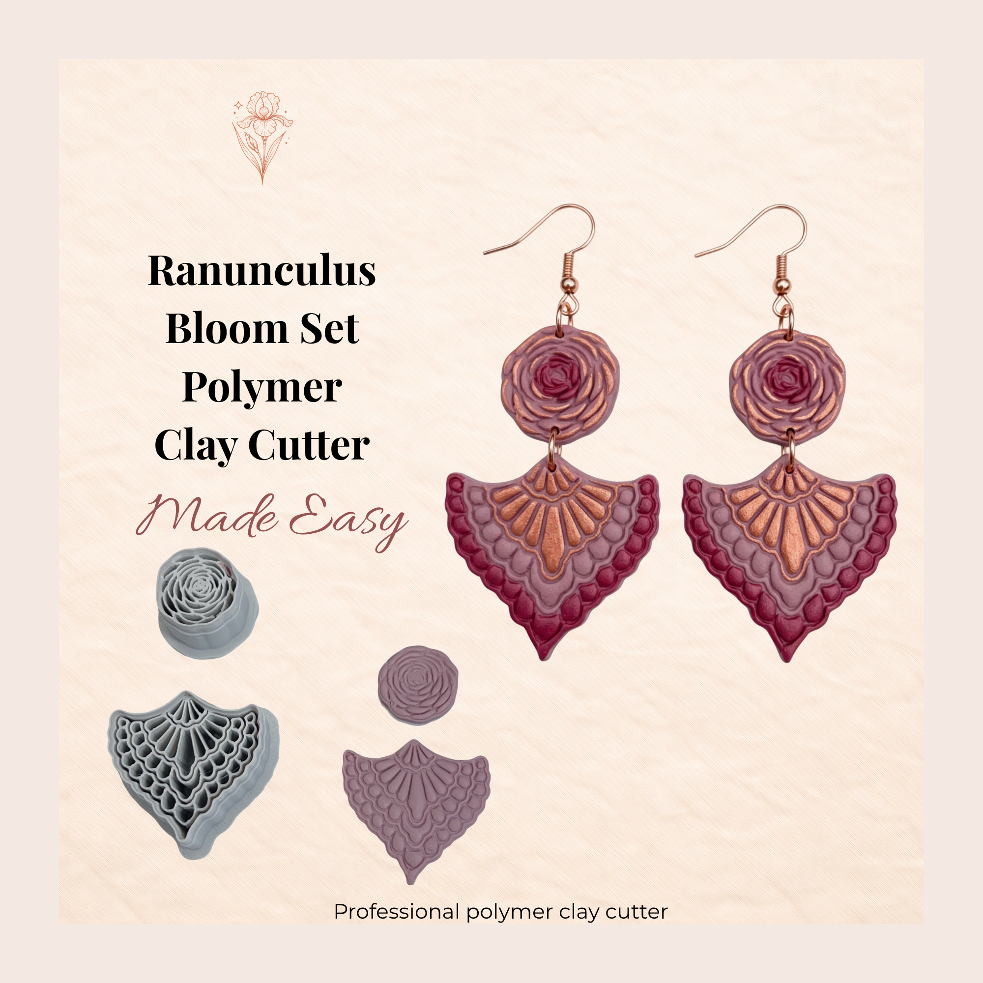 Ranunculus Bloom Set Polymer Clay Cutter 30-50mm | Floral Jewellery | IrisCrafts7