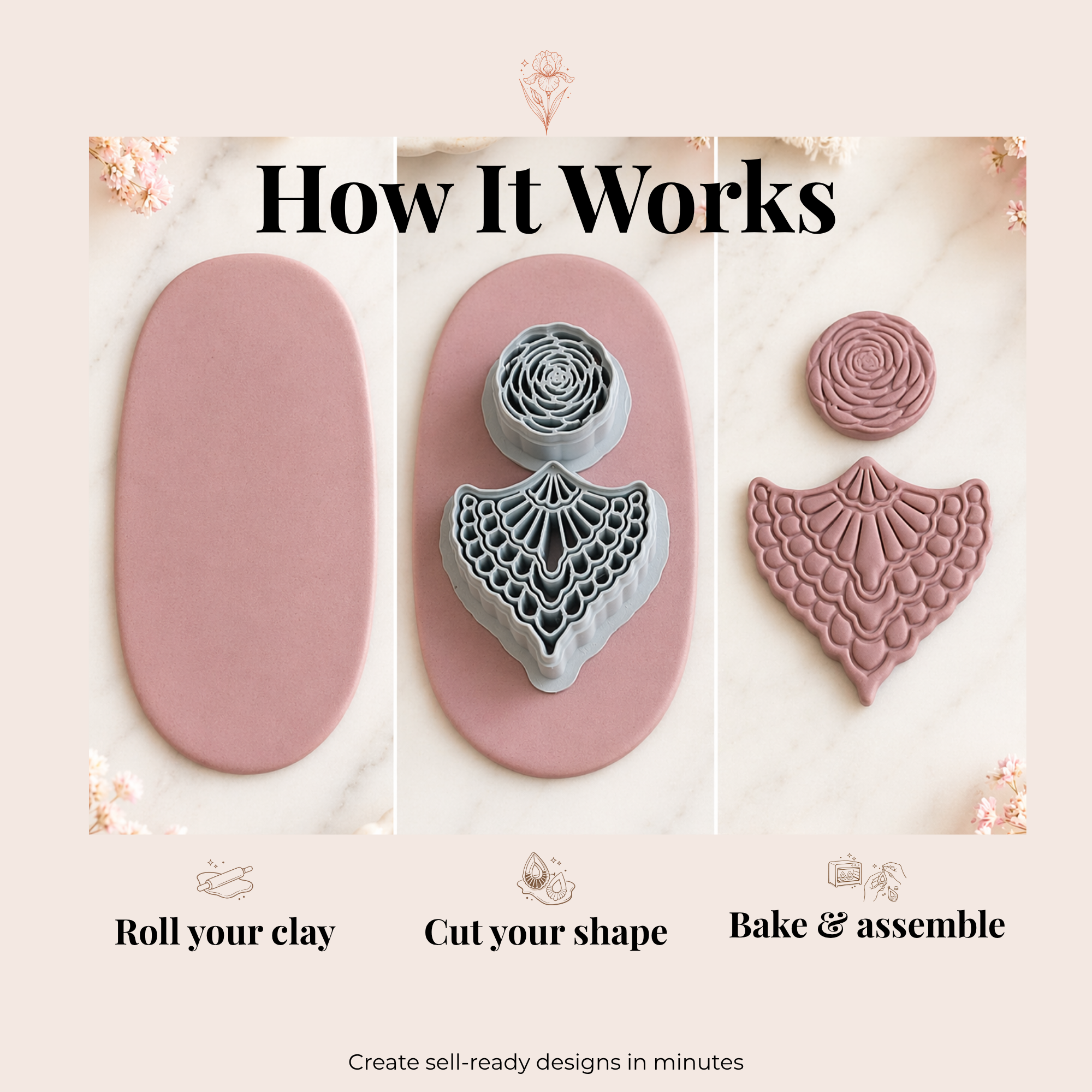 Ranunculus Bloom Set Polymer Clay Cutter 30-50mm | Floral Jewellery | IrisCrafts7