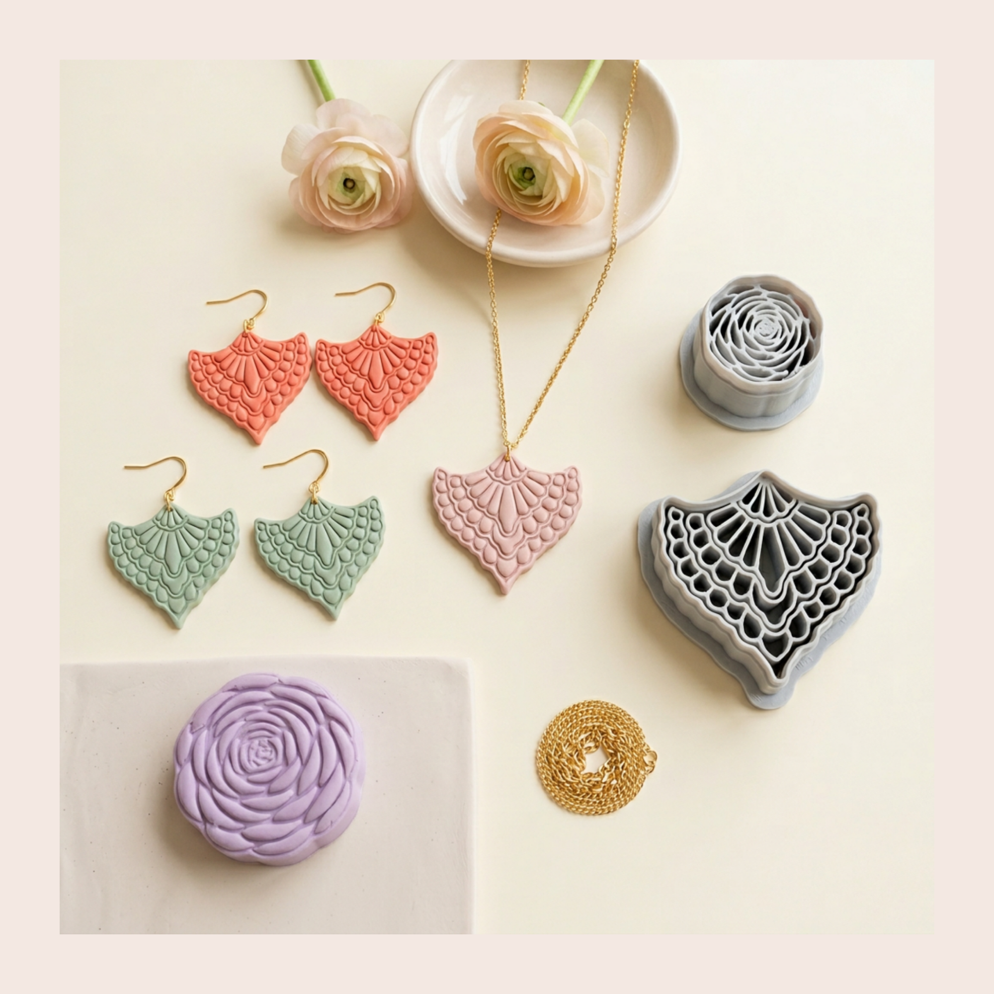 Ranunculus Bloom Set Polymer Clay Cutter 30-50mm | Floral Jewellery | IrisCrafts7
