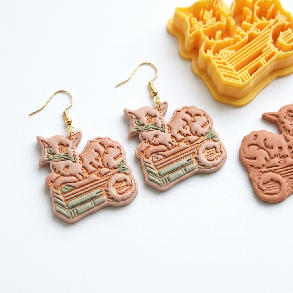 Regal Cat Resting on Books Polymer Clay Cutter | 30–50mm Bookworm Earring Cutter | IrisCrafts7