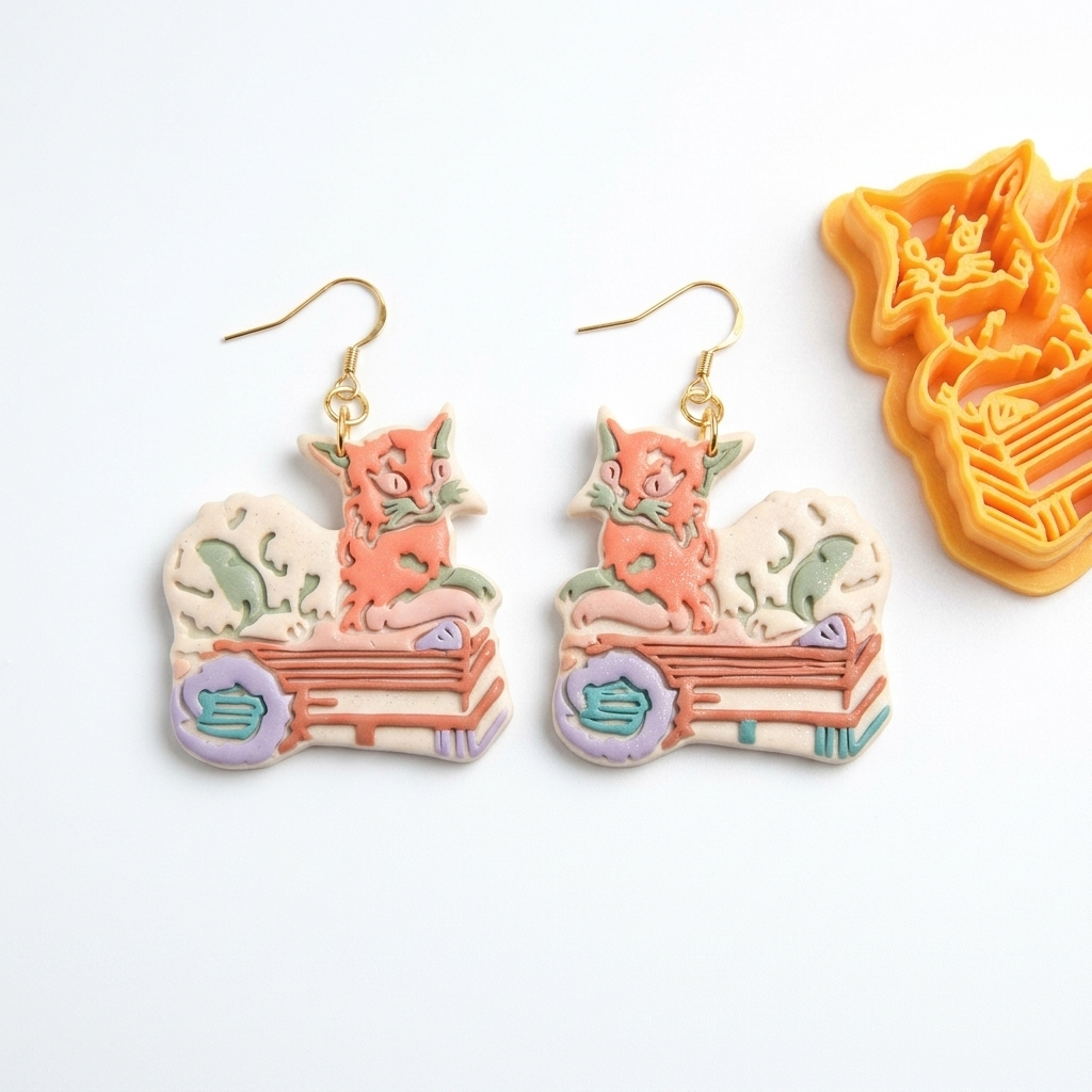 Regal Cat Resting on Books Polymer Clay Cutter | 30–50mm Bookworm Earring Cutter | IrisCrafts7