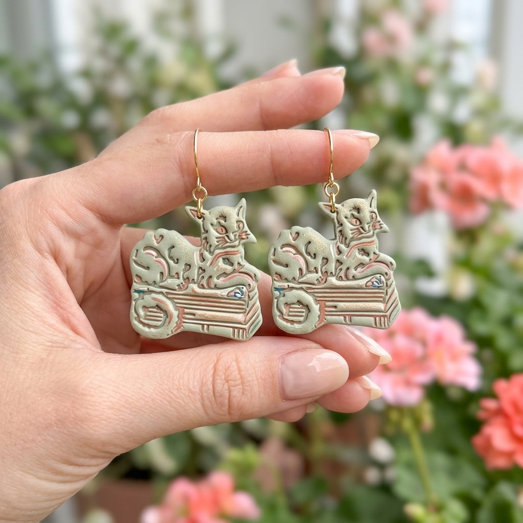 Regal Cat Resting on Books Polymer Clay Cutter | 30–50mm Bookworm Earring Cutter | IrisCrafts7