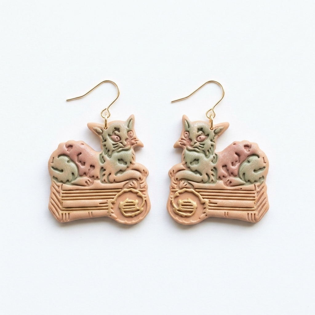 Regal Cat Resting on Books Polymer Clay Cutter | 30–50mm Bookworm Earring Cutter | IrisCrafts7