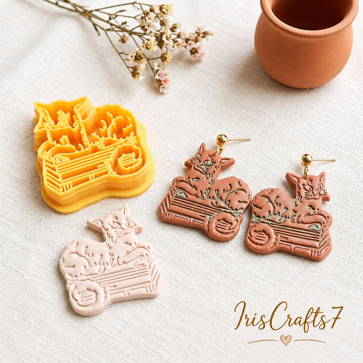 Regal Cat Resting on Books Polymer Clay Cutter | 30–50mm Bookworm Earring Cutter | IrisCrafts7
