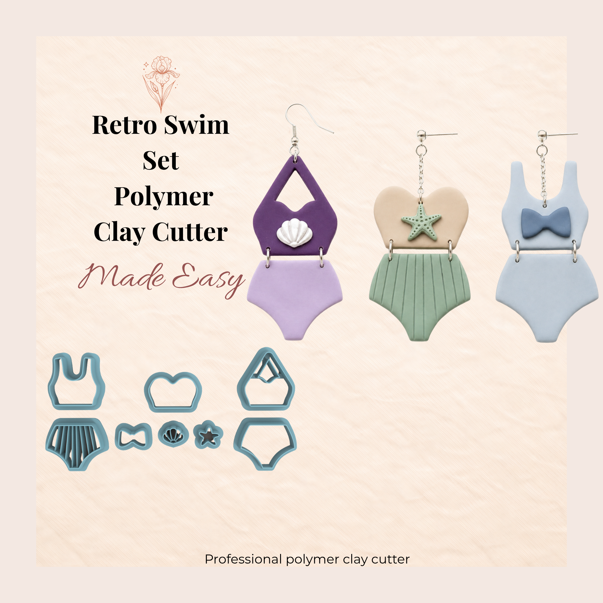 Retro Swim Set Polymer Clay Cutter | 35–55mm | 8 Piece Swimming Set Clay Cutter | Earring Jewellery Making Tool