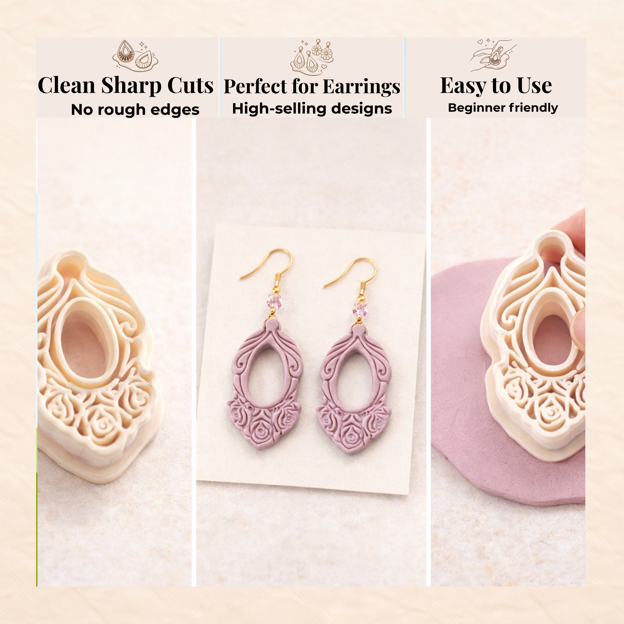 Roses Mirror Frame Polymer Clay Cutter | 3D Printed Floral Clay Earring Cutter | Rose Frame Shape Cutter for Clay Jewellery Making | Clay Earring Tool