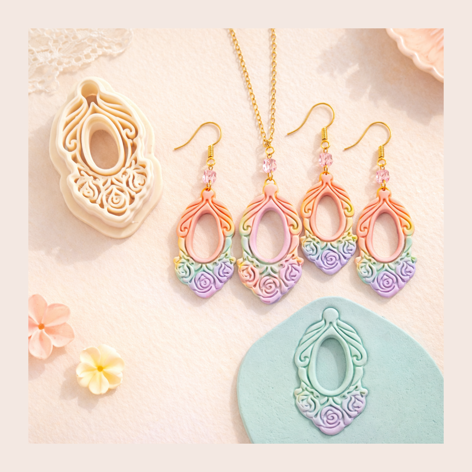 Roses Mirror Frame Polymer Clay Cutter | 3D Printed Floral Clay Earring Cutter | Rose Frame Shape Cutter for Clay Jewellery Making | Clay Earring Tool