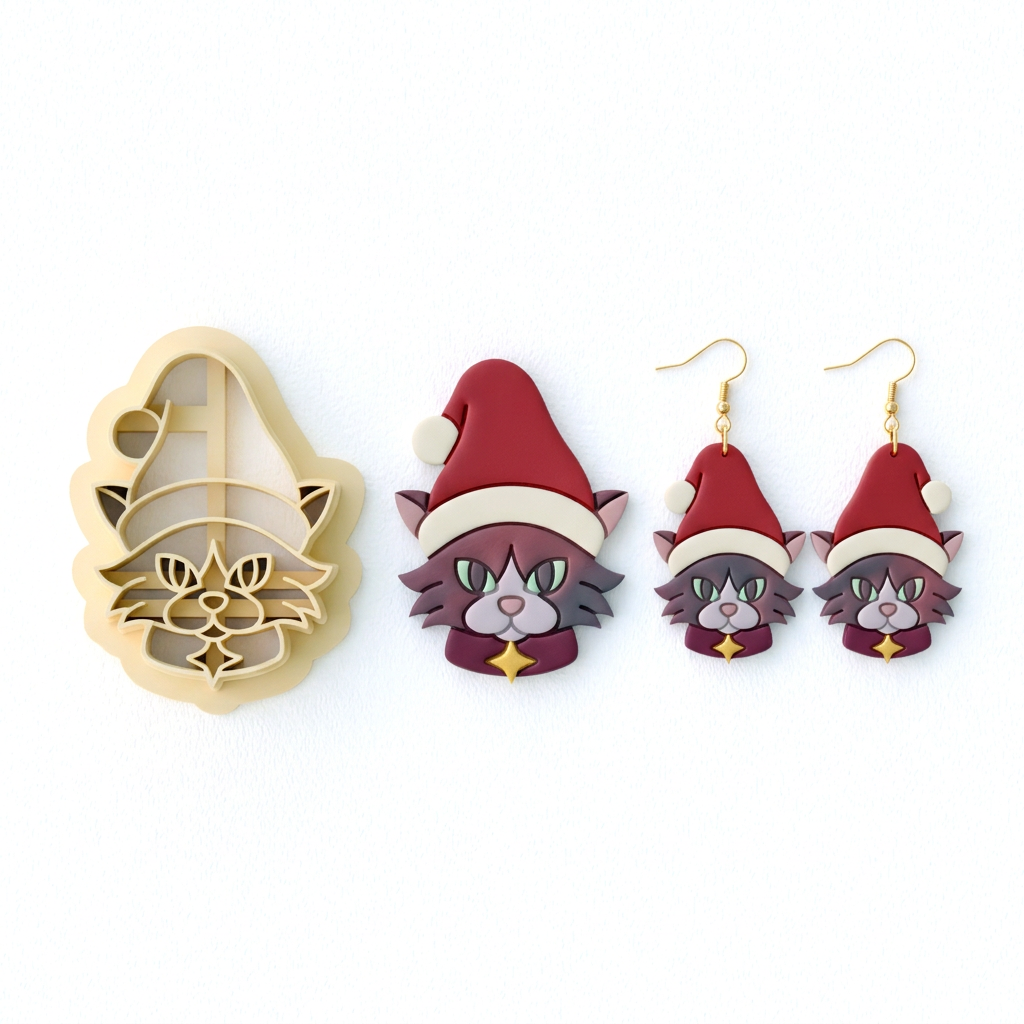 Santa Hat Cat Polymer Clay Cutter | Cute Christmas Earring Tool