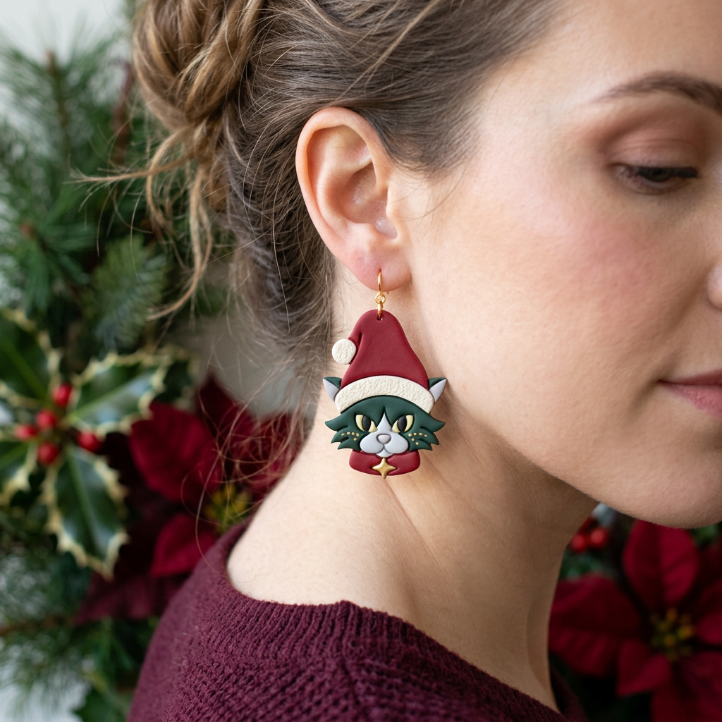 Santa Hat Cat Polymer Clay Cutter | Cute Christmas Earring Tool