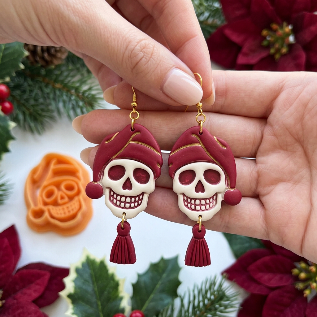Santa Hat Skull Polymer Clay Cutter | Gothic Christmas Earring Tool