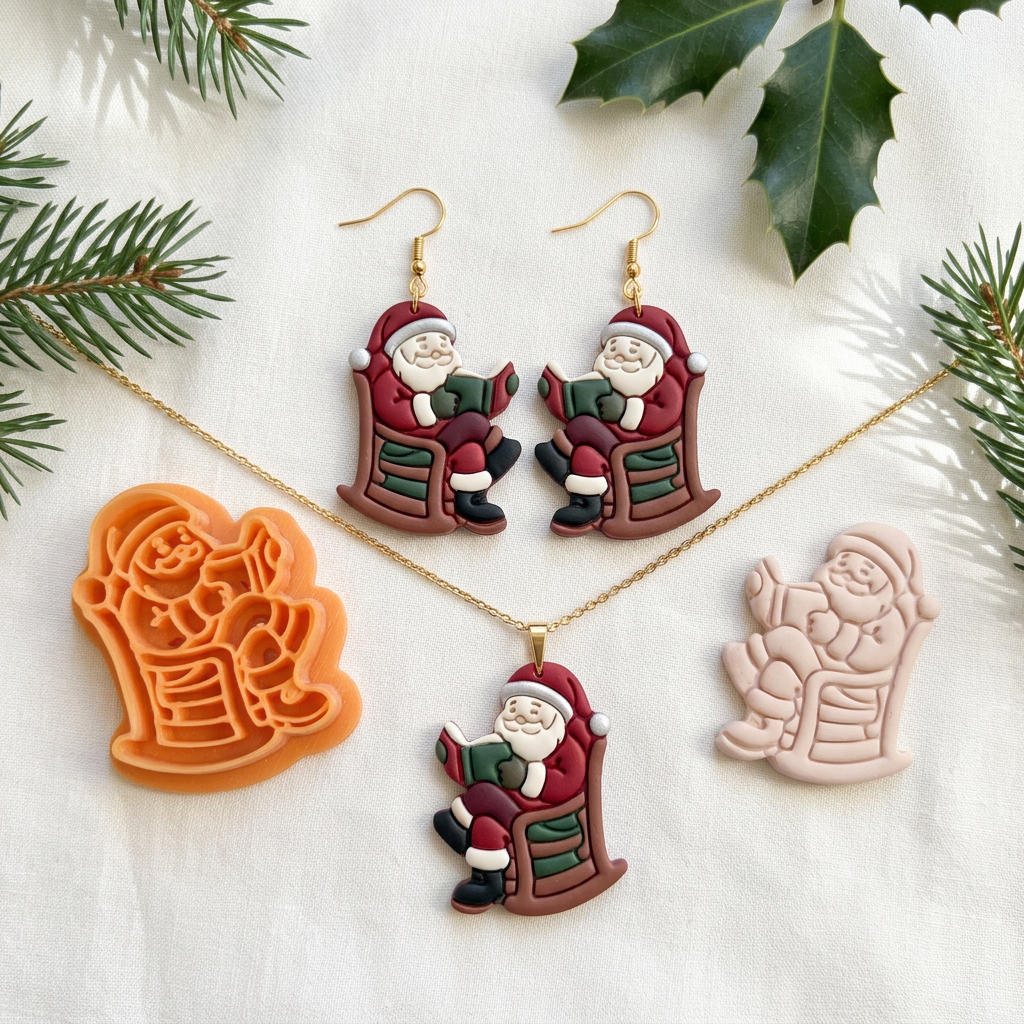 Santa Reading in a Rocking Chair Polymer Clay Cutter | Christmas Earring Tool