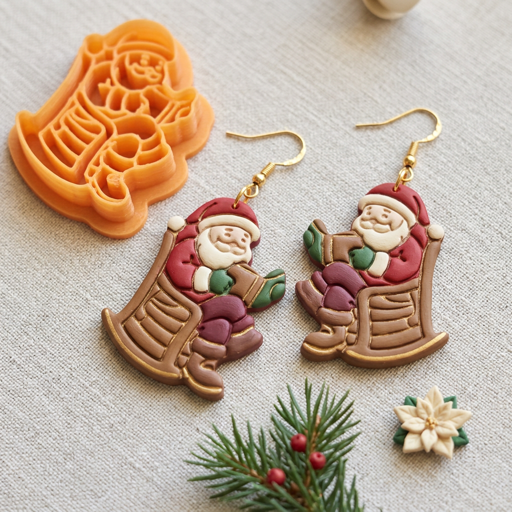 Santa Reading in a Rocking Chair Polymer Clay Cutter | Christmas Earring Tool