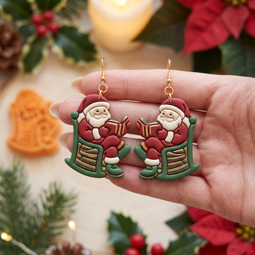 Santa Reading in a Rocking Chair Polymer Clay Cutter | Christmas Earring Tool