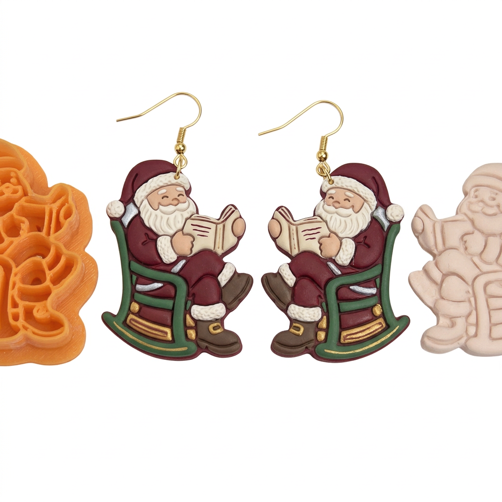 Santa Reading in a Rocking Chair Polymer Clay Cutter | Christmas Earring Tool