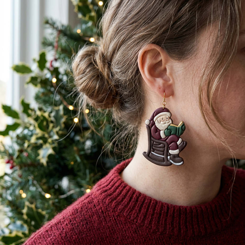 Santa Reading in a Rocking Chair Polymer Clay Cutter | Christmas Earring Tool