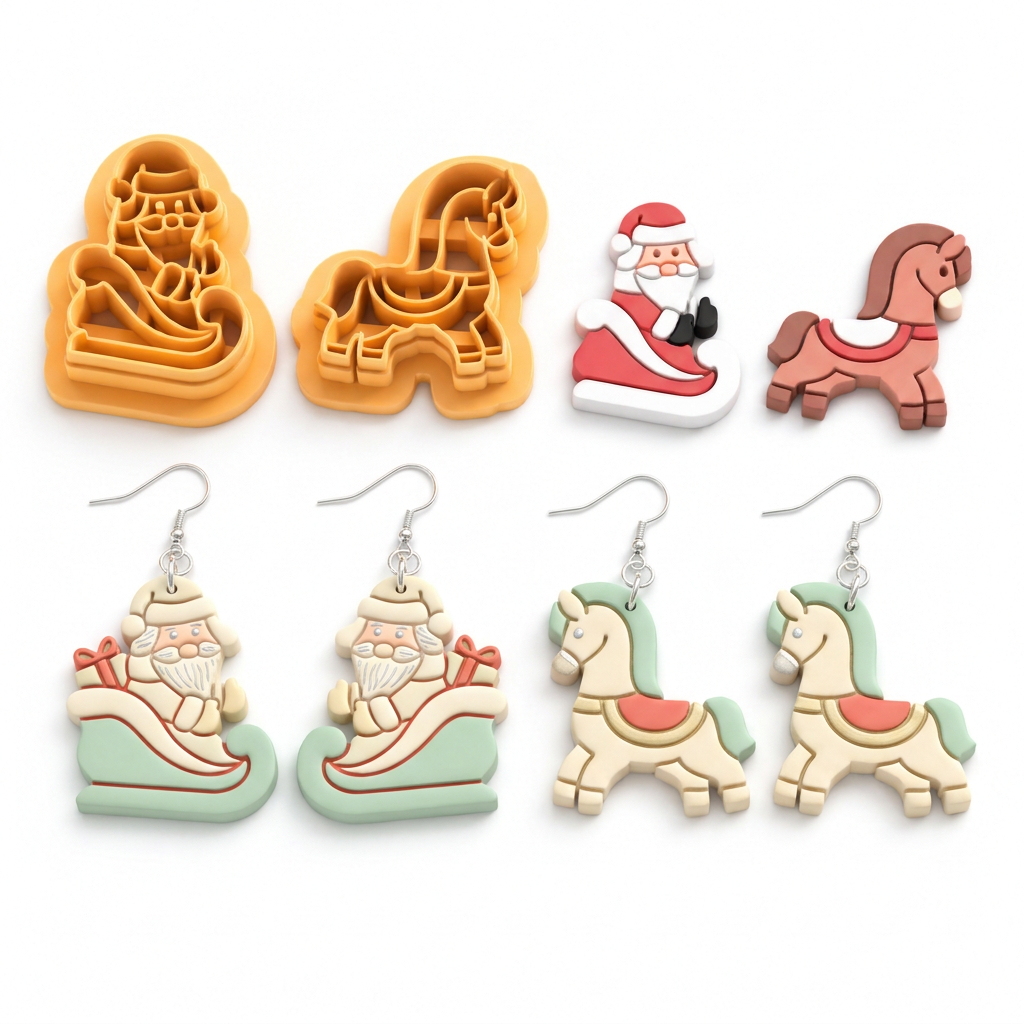 Santa with a Horse Polymer Clay Cutter Set of 2 | Christmas Earring Tool