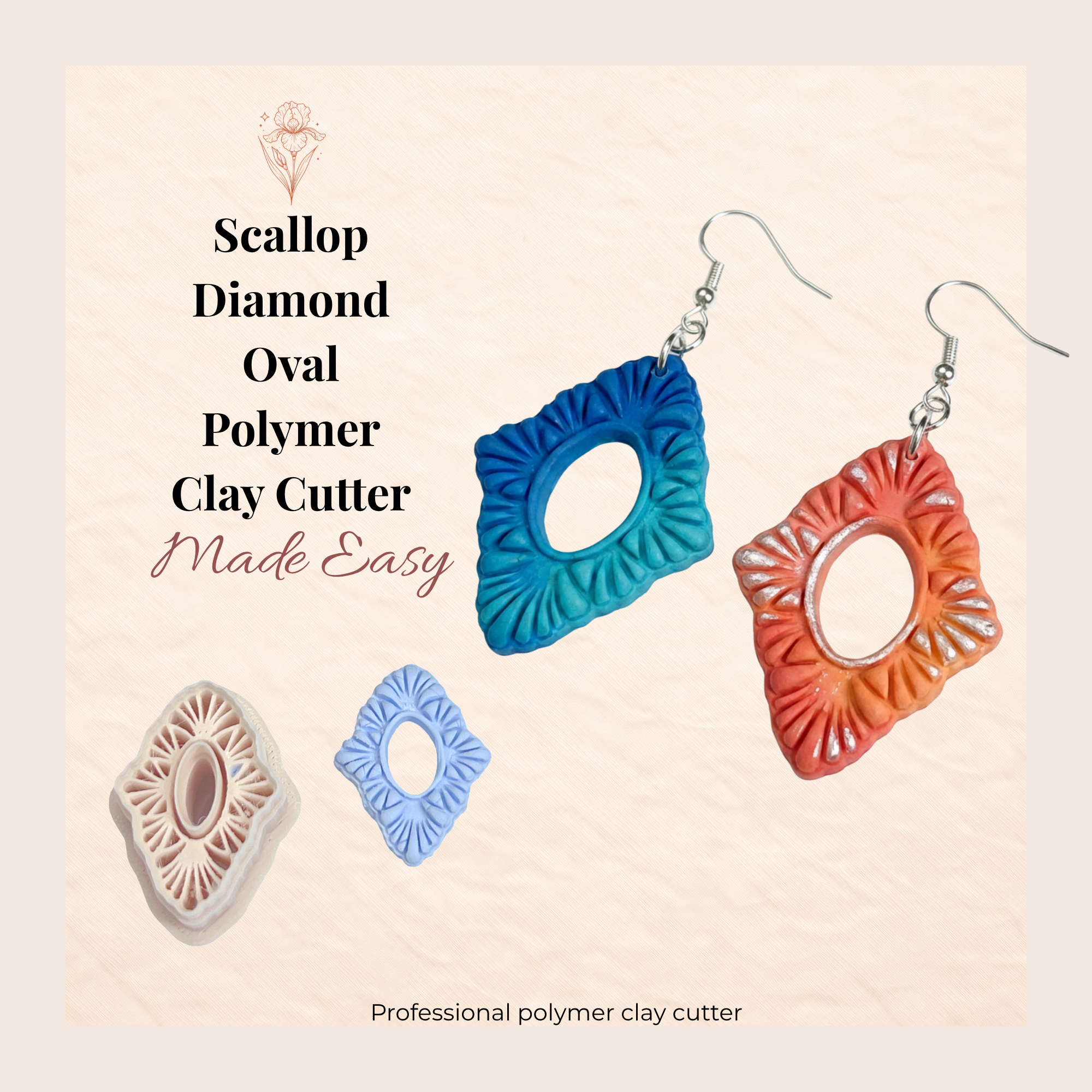 Scallop Diamond Oval Polymer Clay Cutter | 3D Printed Geometric Clay Earring Cutter | Scallop Shape Cutter for Clay Jewellery Making | Clay Earring Tool