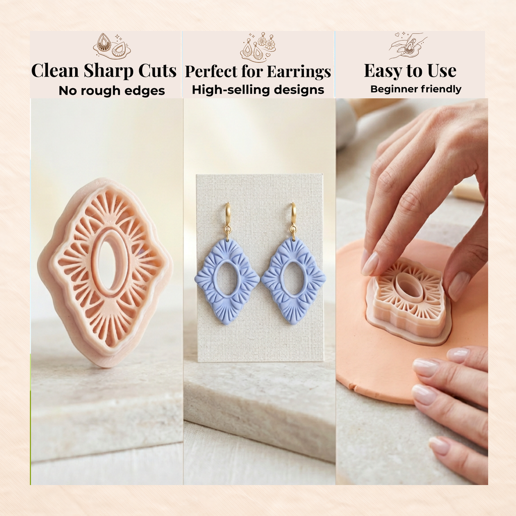 Scallop Diamond Oval Polymer Clay Cutter | 3D Printed Geometric Clay Earring Cutter | Scallop Shape Cutter for Clay Jewellery Making | Clay Earring Tool