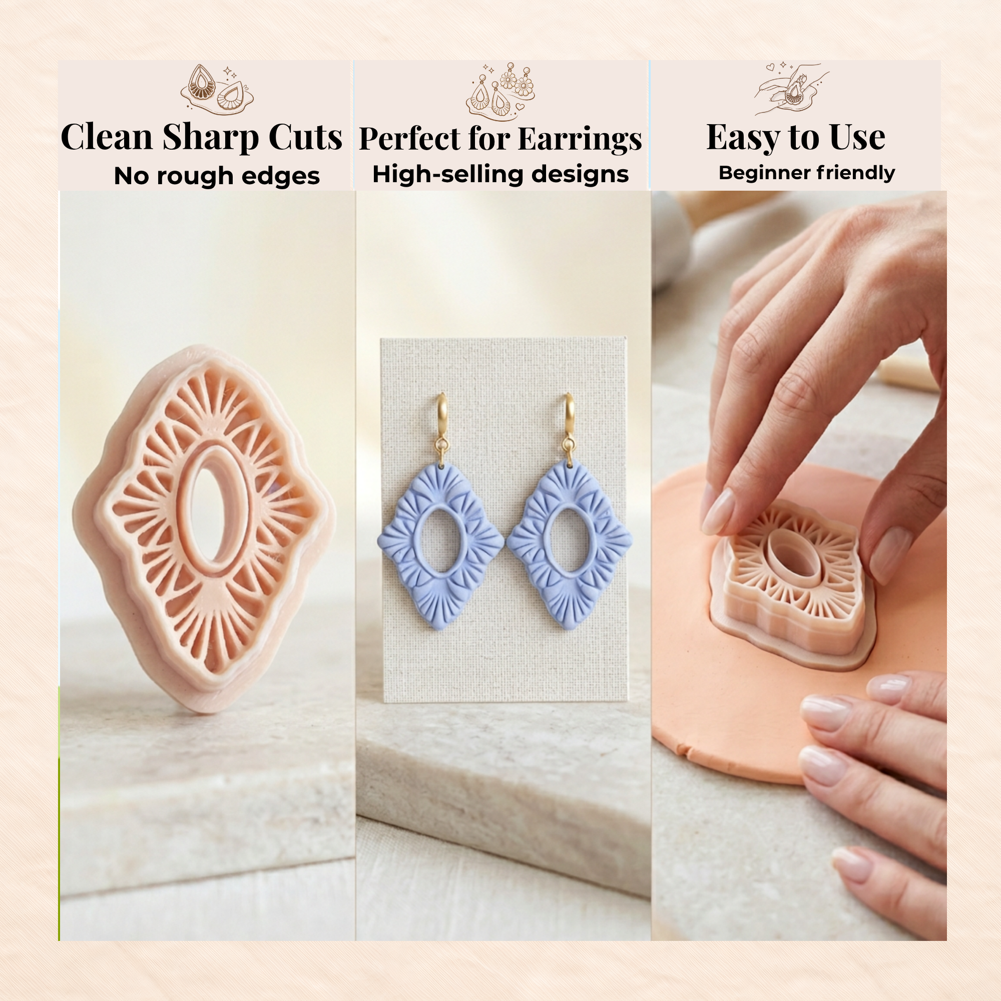 Scallop Diamond Oval Polymer Clay Cutter | 3D Printed Geometric Clay Earring Cutter | Scallop Shape Cutter for Clay Jewellery Making | Clay Earring Tool