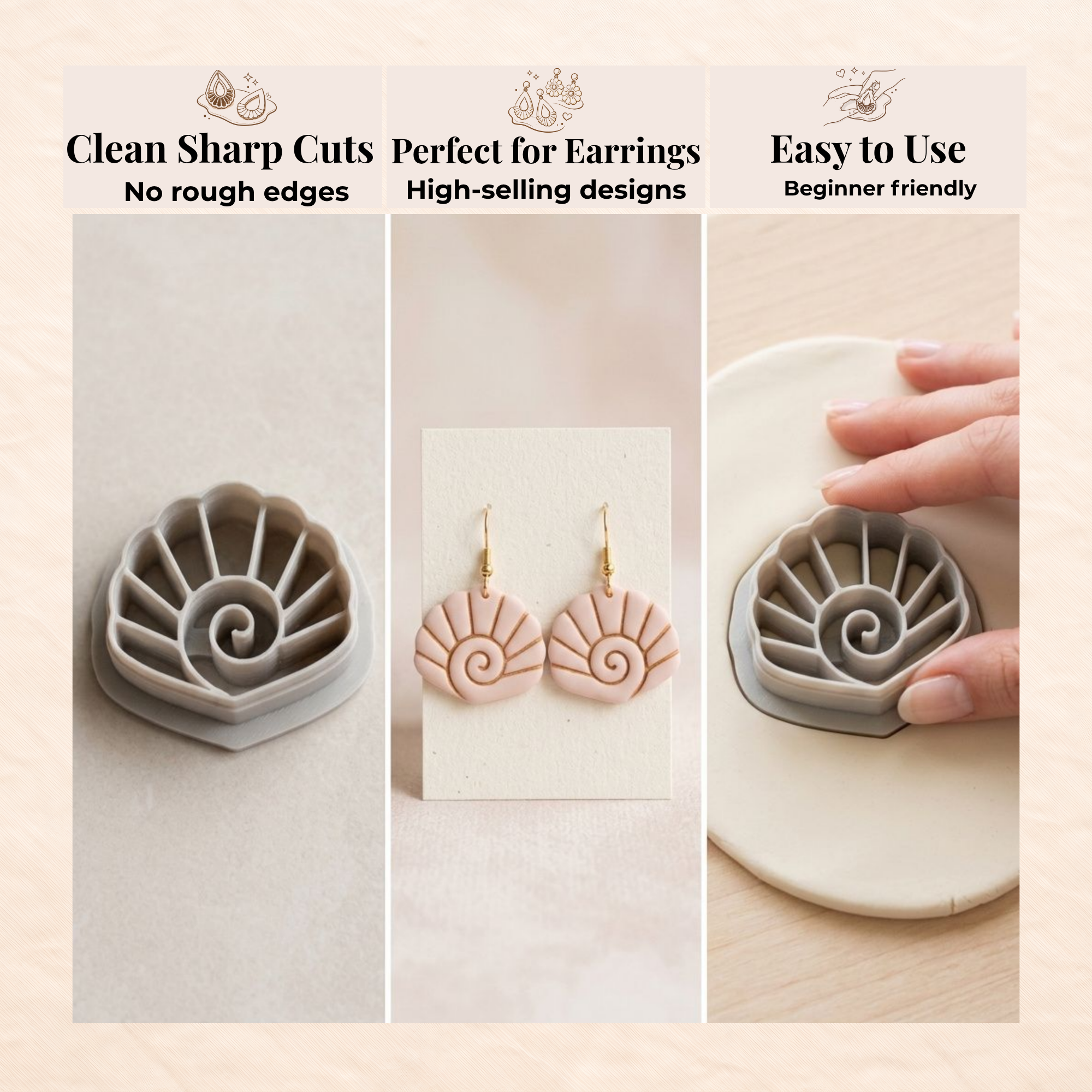 Sea Breeze Shell Polymer Clay Cutter 20–35mm | Ocean Earring Cutter | IrisCrafts7
