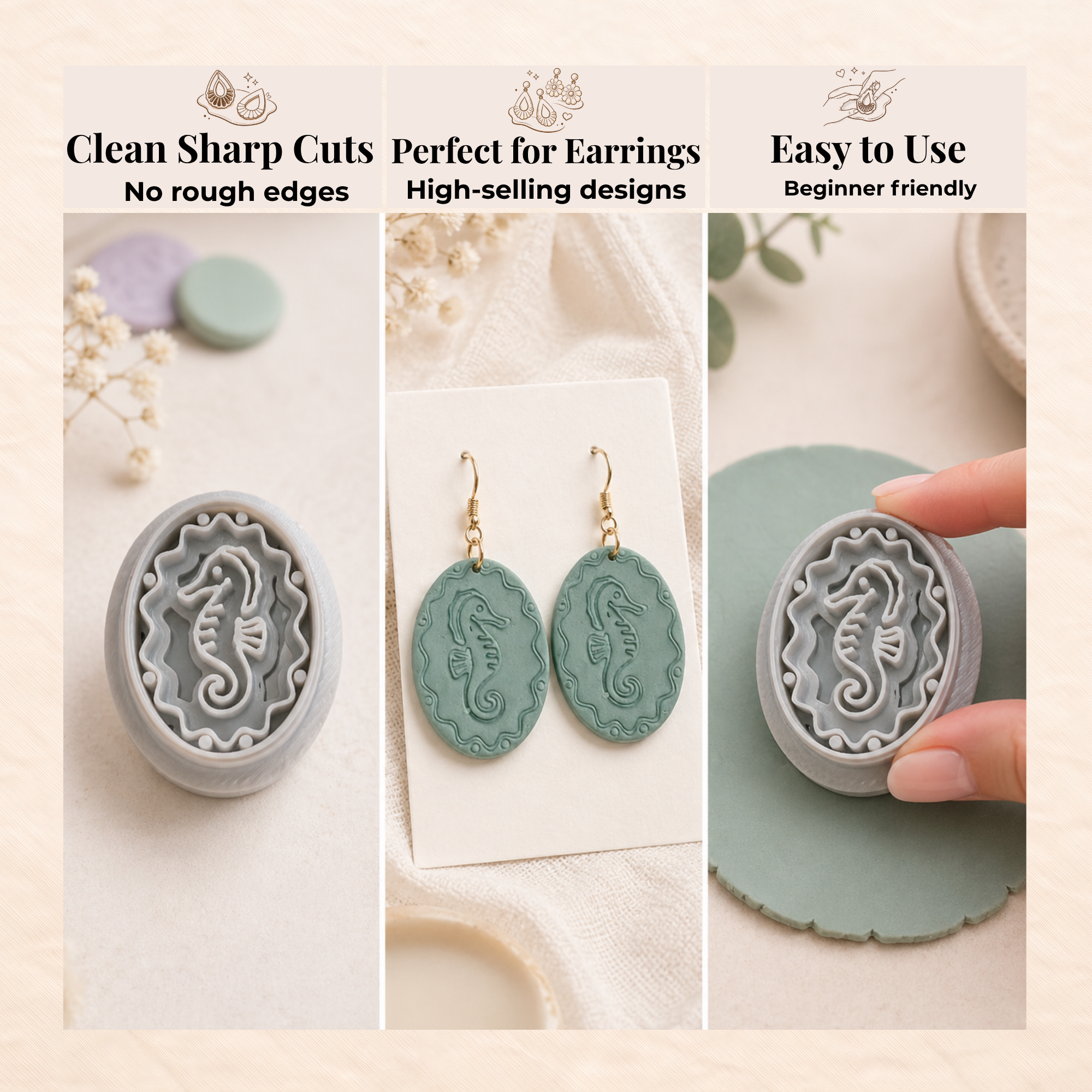 Seahorse Stamp Polymer Clay Cutter 20–45mm | Ocean Earring Cutter | IrisCrafts7