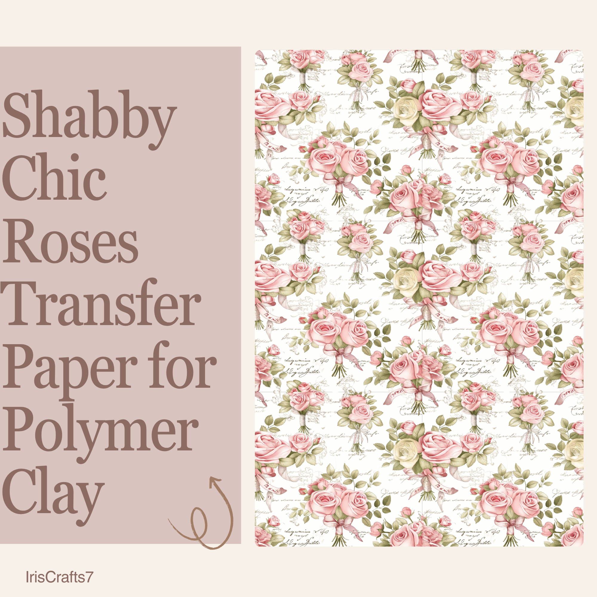 Shabby Chic Roses Transfer Paper for Polymer Clay 150x100mm | Vintage Floral Clay Transfer | IrisCrafts7