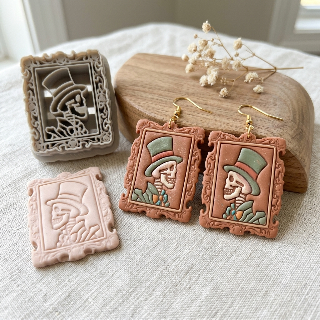 Skeleton Gentleman in Ornate Floral Frame Polymer Clay Cutter | 30–50mm Gothic Earring Cutter | IrisCrafts7