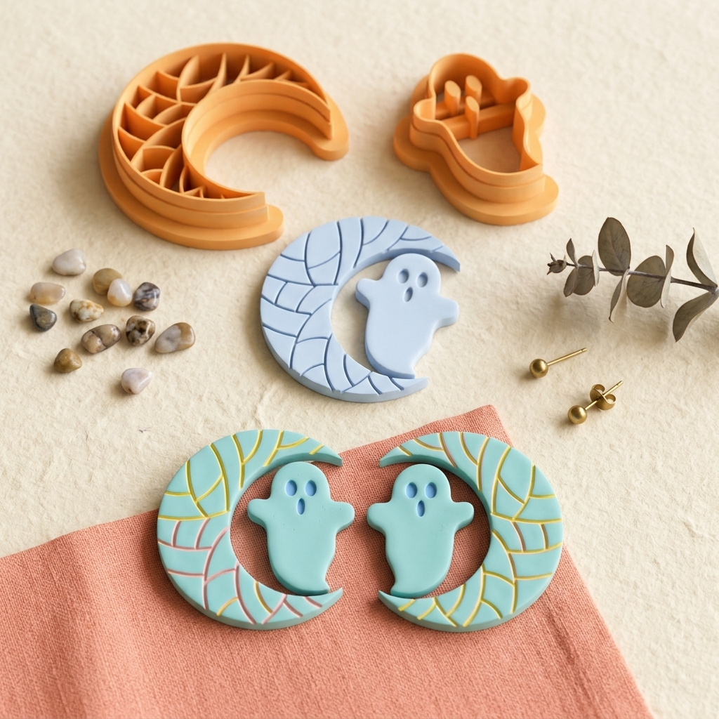 Spiderweb Moon with Ghost Set of 2 Polymer Clay Cutters | 25–45mm | Halloween Spider Moon Ghost Clay Cutter Set | Earring Jewellery Making Tool