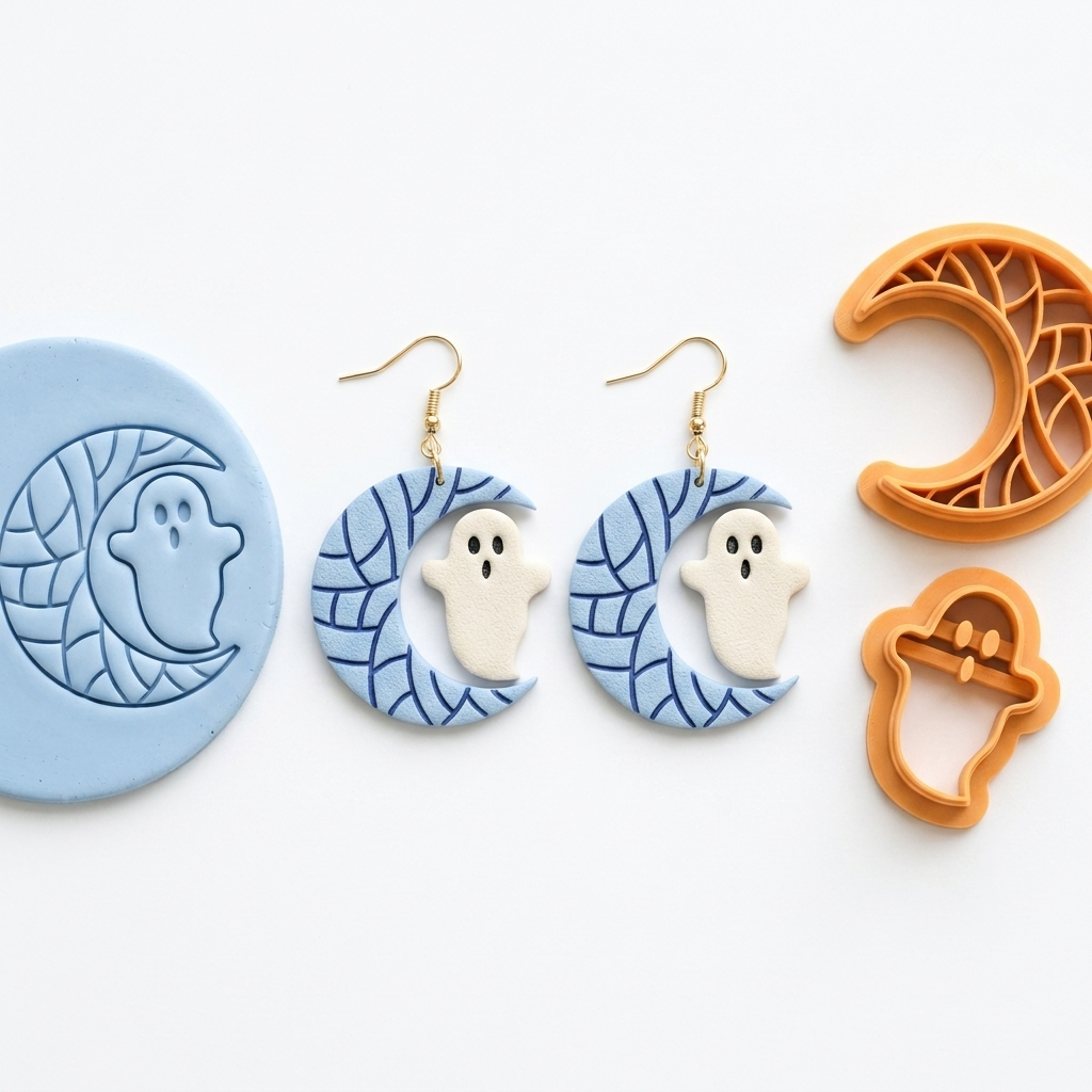 Spiderweb Moon with Ghost Set of 2 Polymer Clay Cutters | 25–45mm | Halloween Spider Moon Ghost Clay Cutter Set | Earring Jewellery Making Tool