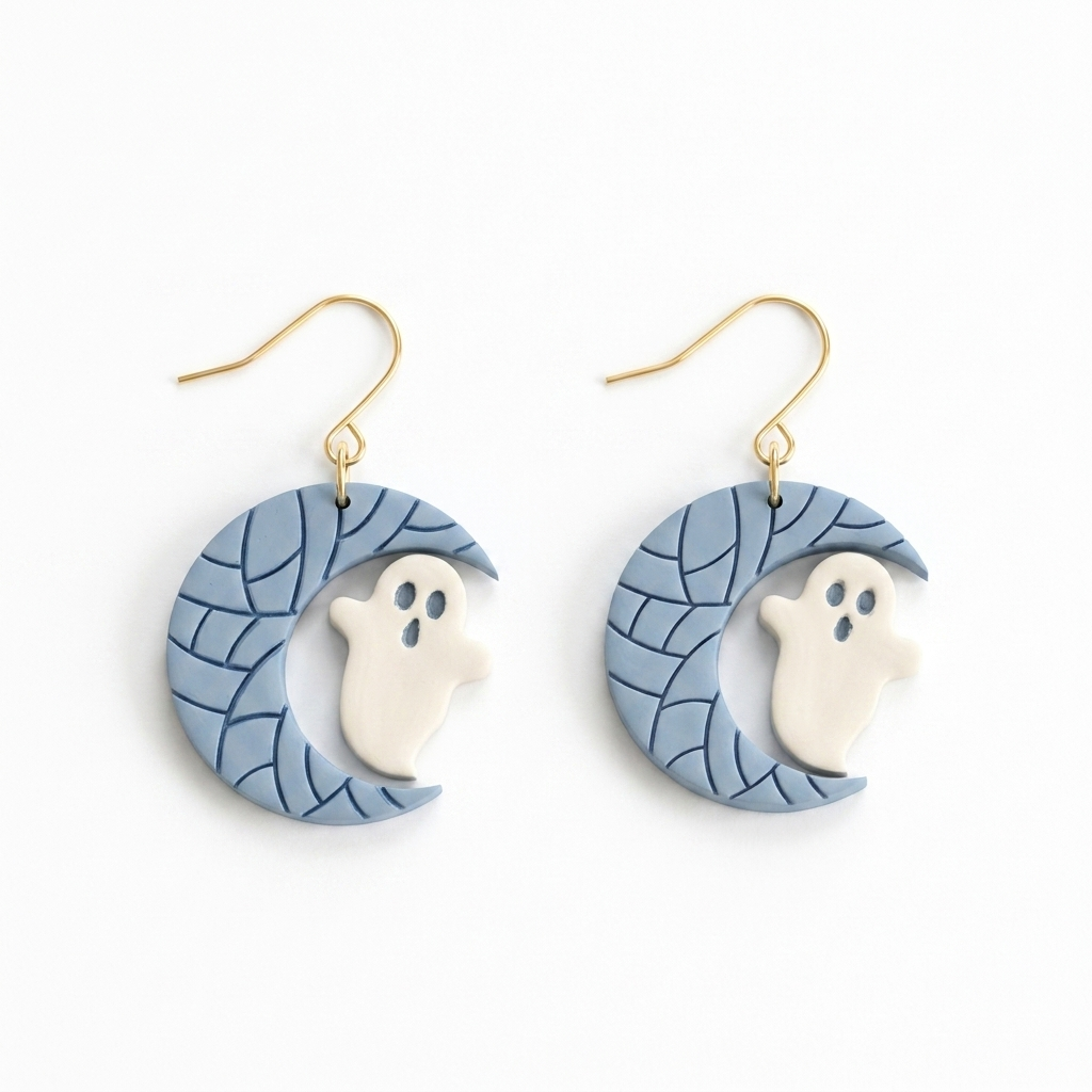 Spiderweb Moon with Ghost Set of 2 Polymer Clay Cutters | 25–45mm | Halloween Spider Moon Ghost Clay Cutter Set | Earring Jewellery Making Tool