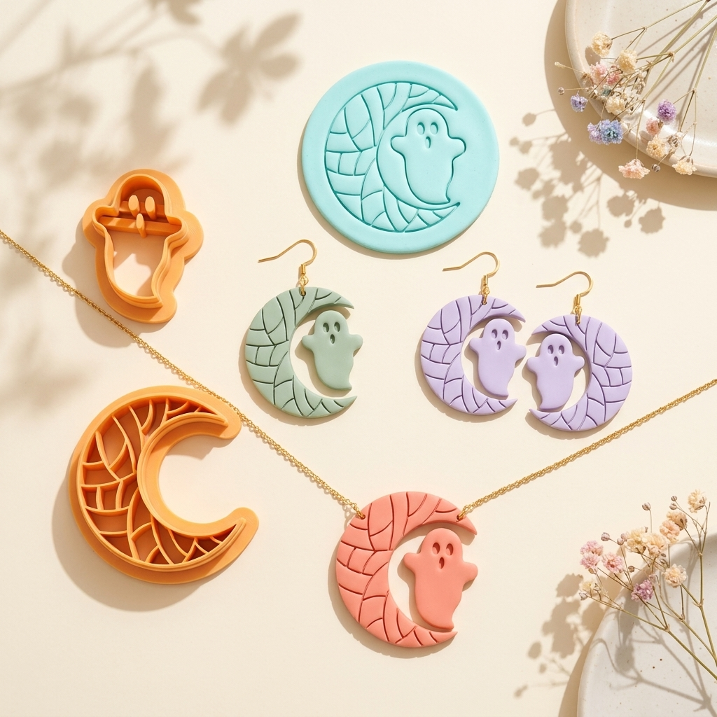 Spiderweb Moon with Ghost Set of 2 Polymer Clay Cutters | 25–45mm | Halloween Spider Moon Ghost Clay Cutter Set | Earring Jewellery Making Tool