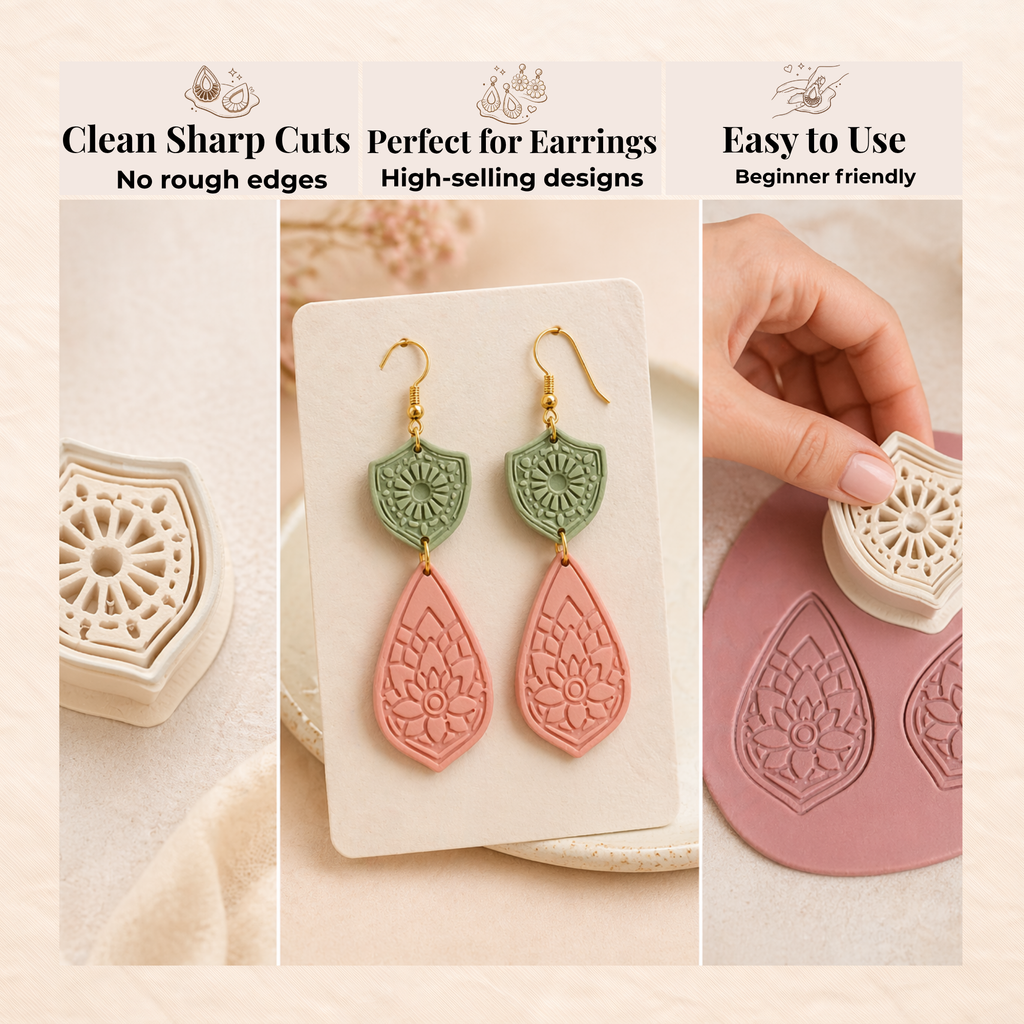 Spiritual Shield & Lotus Drop Polymer Clay Cutter 30–50mm | Boho Earring Cutter | IrisCrafts7