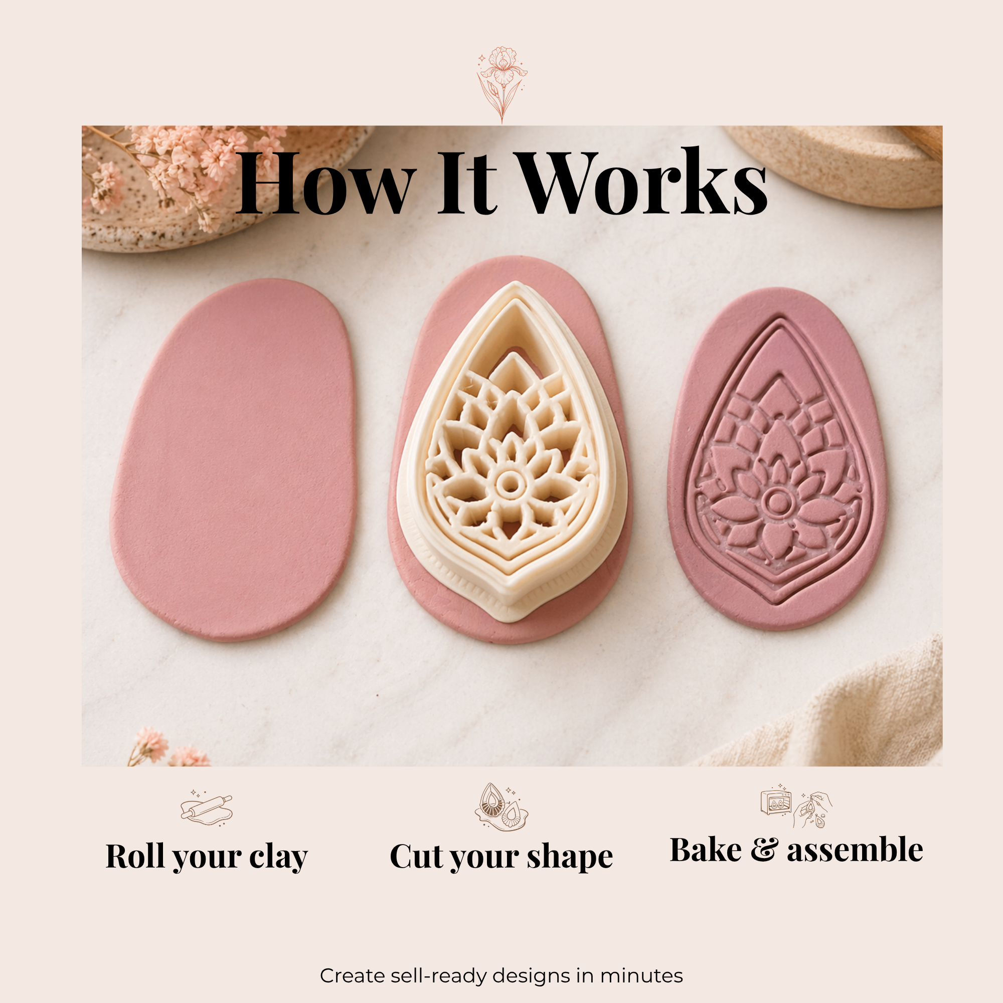 Spiritual Shield & Lotus Drop Polymer Clay Cutter 30–50mm | Boho Earring Cutter | IrisCrafts7