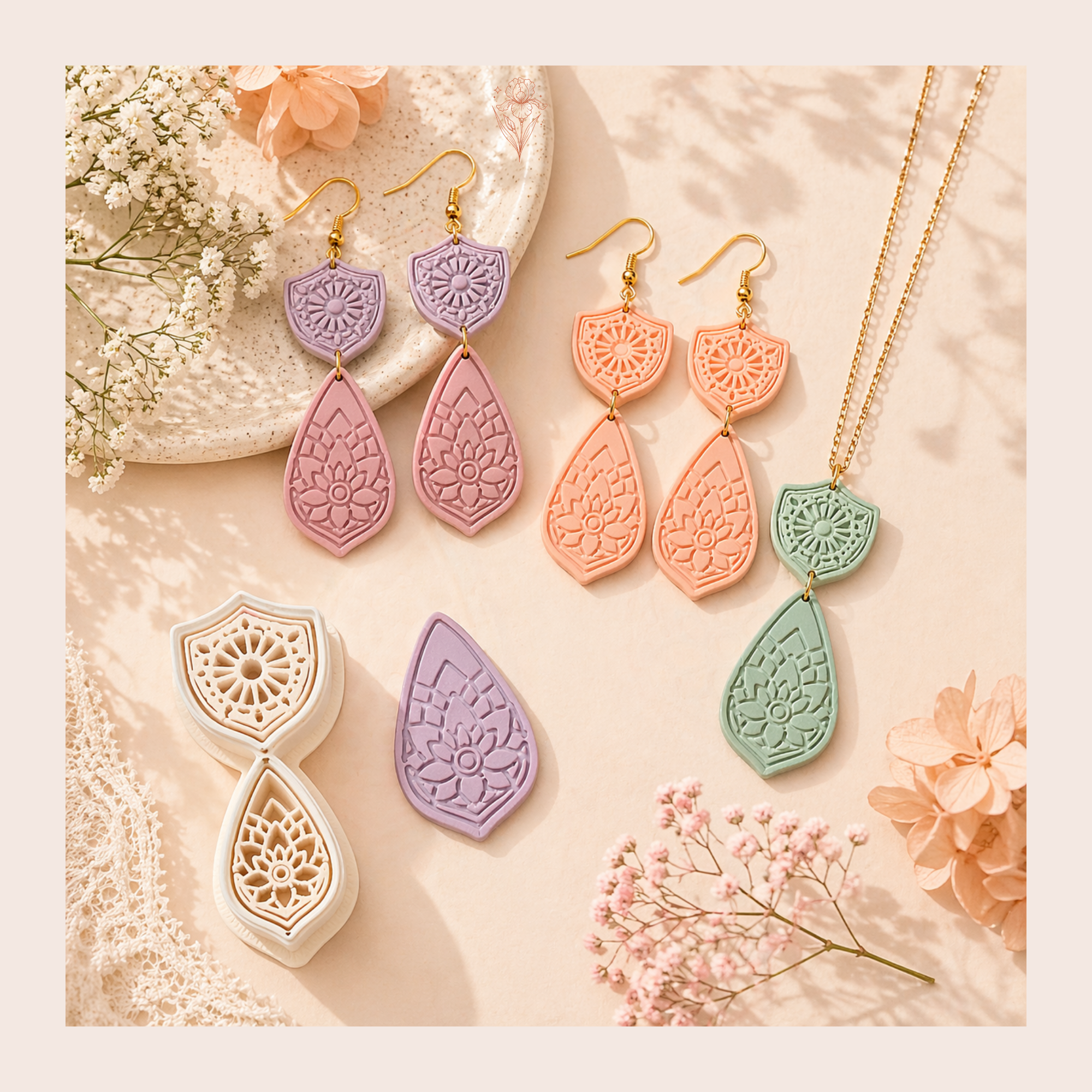 Spiritual Shield & Lotus Drop Polymer Clay Cutter 30–50mm | Boho Earring Cutter | IrisCrafts7