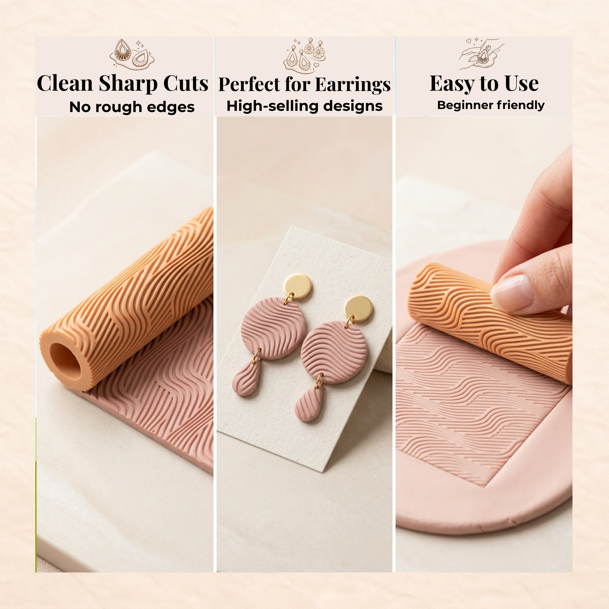 Summer Wave Texture Roller for Polymer Clay | 3D Printed Clay Texture Tool | Wave Pattern Roller for Clay Jewellery Making | Clay Tool