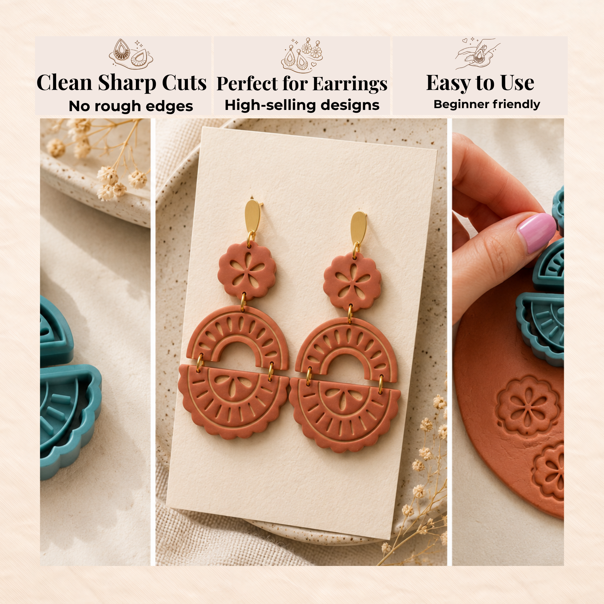 Sunlace Polymer Clay Cutter Set | 35–55mm | Sun Lace Shape Clay Cutter | Earring Jewellery Making Tool