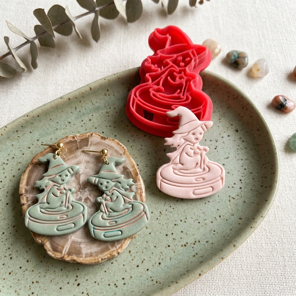 Tiny Witch on Roomba Polymer Clay Cutter | 30–50mm Halloween Earring Cutter | IrisCrafts7