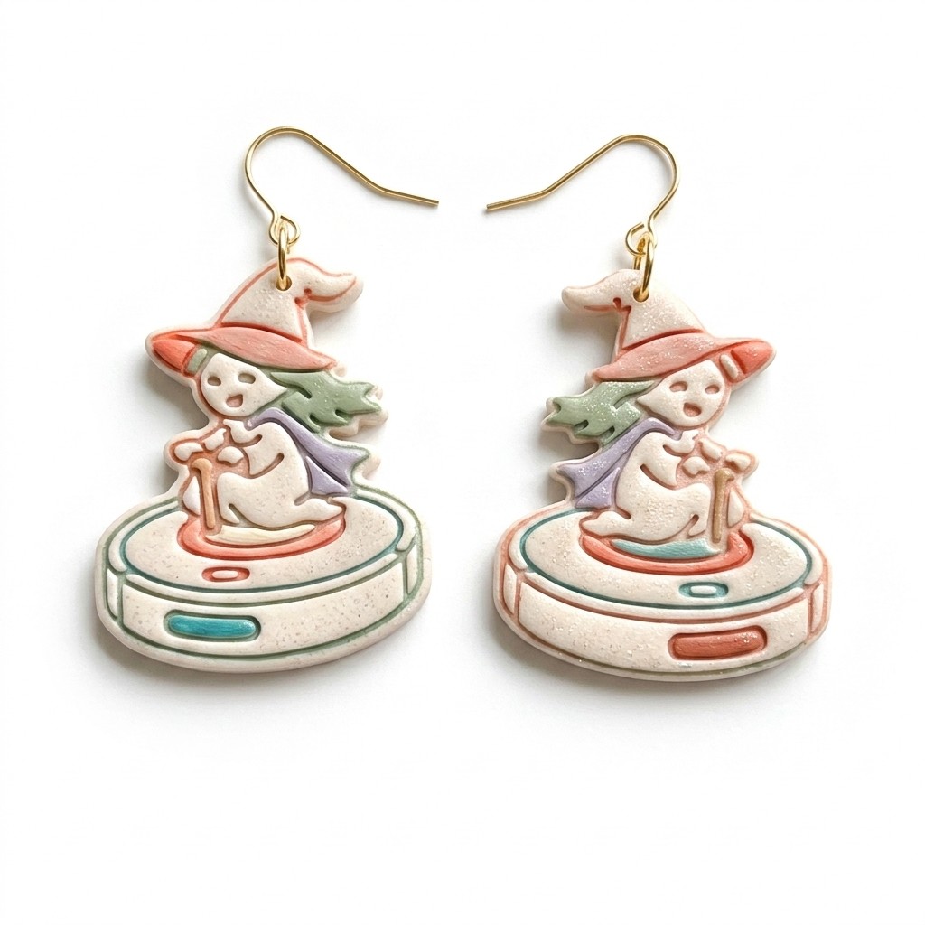 Tiny Witch on Roomba Polymer Clay Cutter | 30–50mm Halloween Earring Cutter | IrisCrafts7