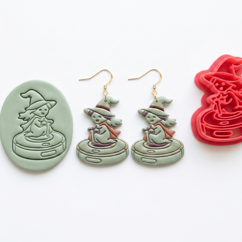 Tiny Witch on Roomba Polymer Clay Cutter | 30–50mm Halloween Earring Cutter | IrisCrafts7