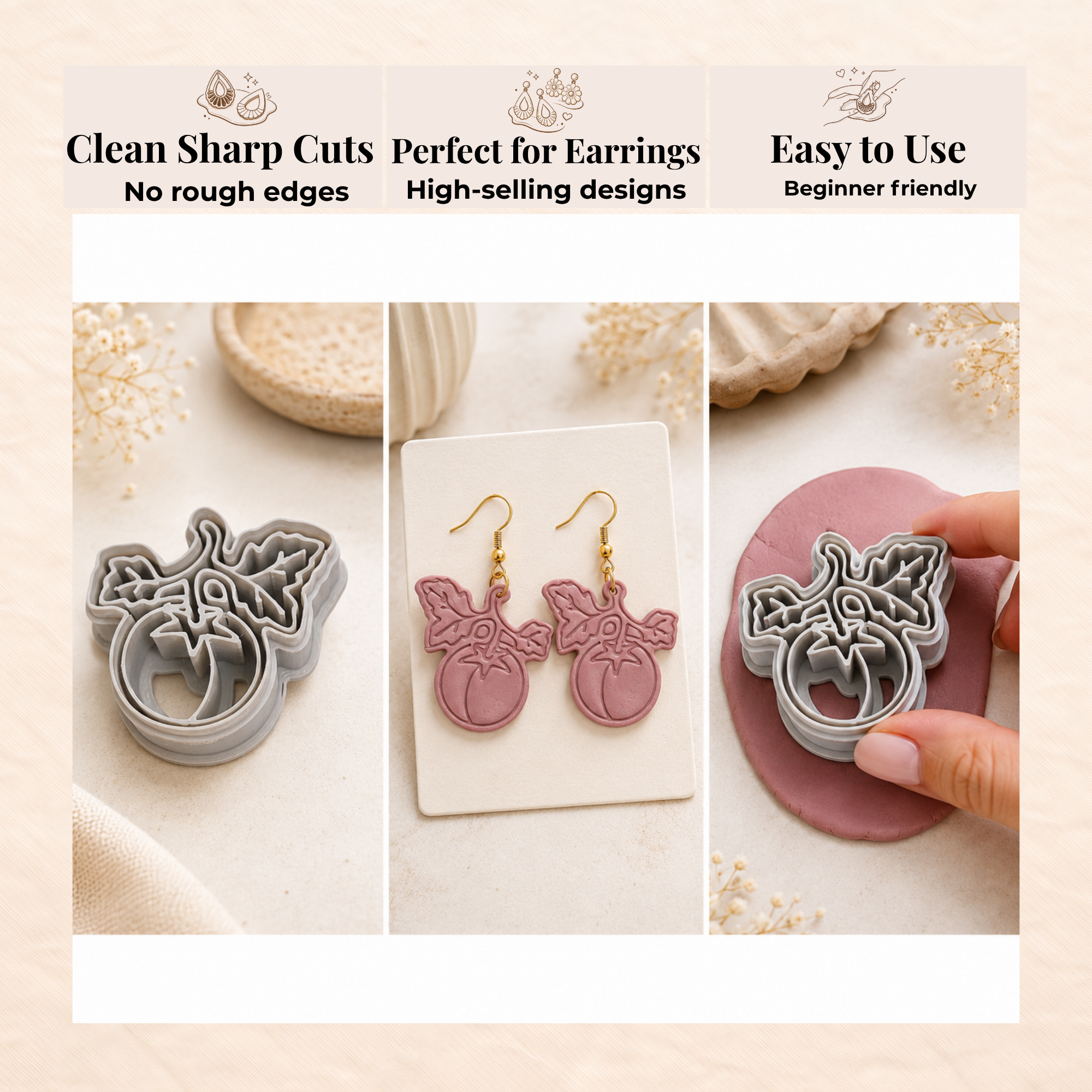 Tomato with Leaf Polymer Clay Cutter | 30mm 35mm 40mm 45mm 50mm | Sharp Earring Cutter | Fruit Clay Tool | Polymer Clay Jewellery Making