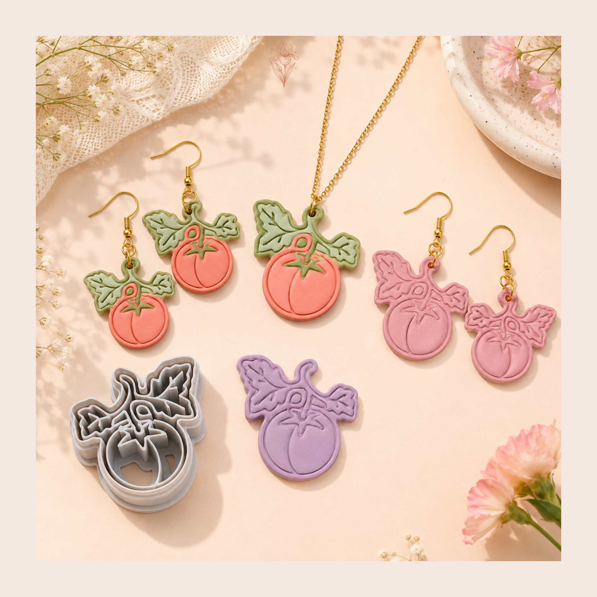 Tomato with Leaf Polymer Clay Cutter | 30mm 35mm 40mm 45mm 50mm | Sharp Earring Cutter | Fruit Clay Tool | Polymer Clay Jewellery Making