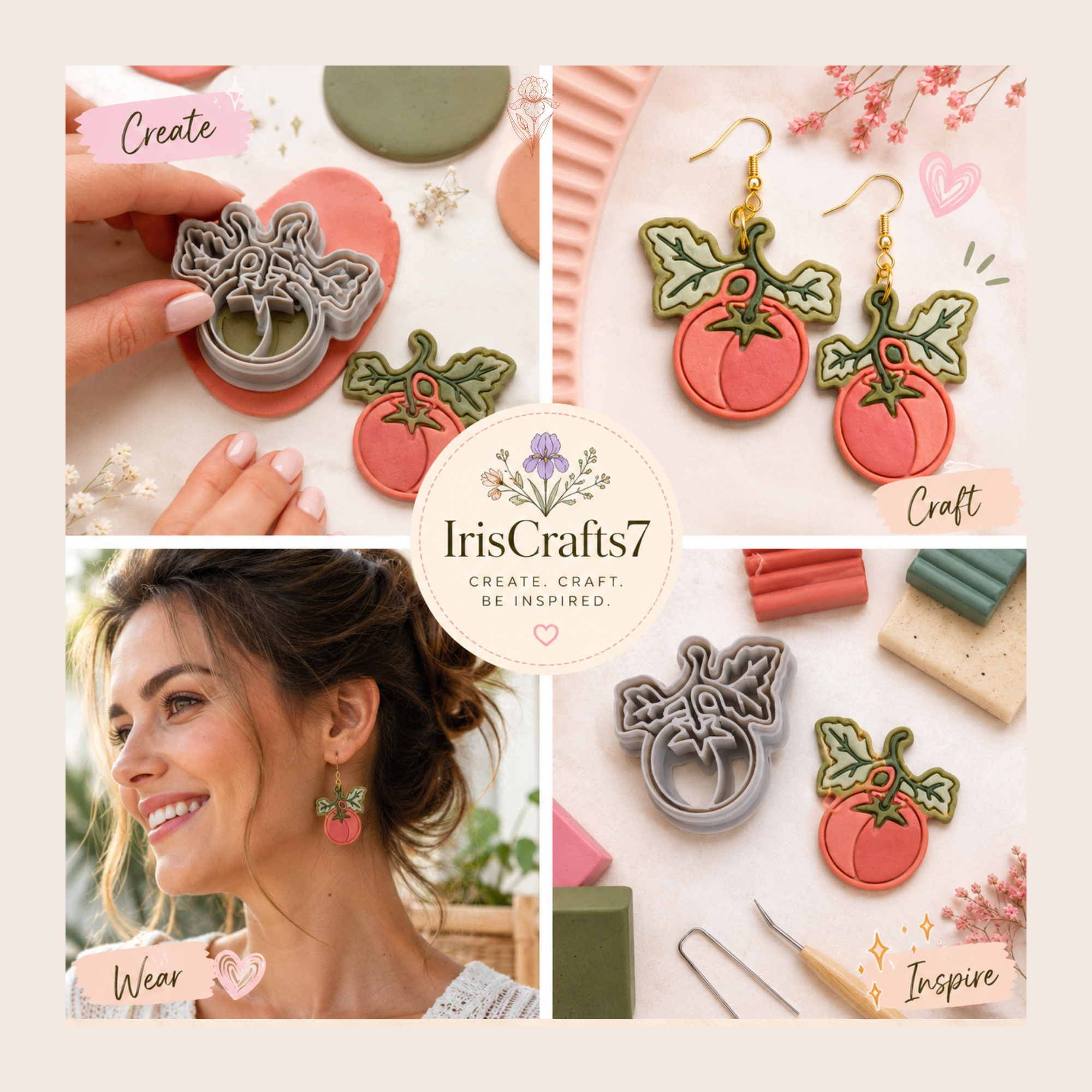 Tomato with Leaf Polymer Clay Cutter | 30mm 35mm 40mm 45mm 50mm | Sharp Earring Cutter | Fruit Clay Tool | Polymer Clay Jewellery Making