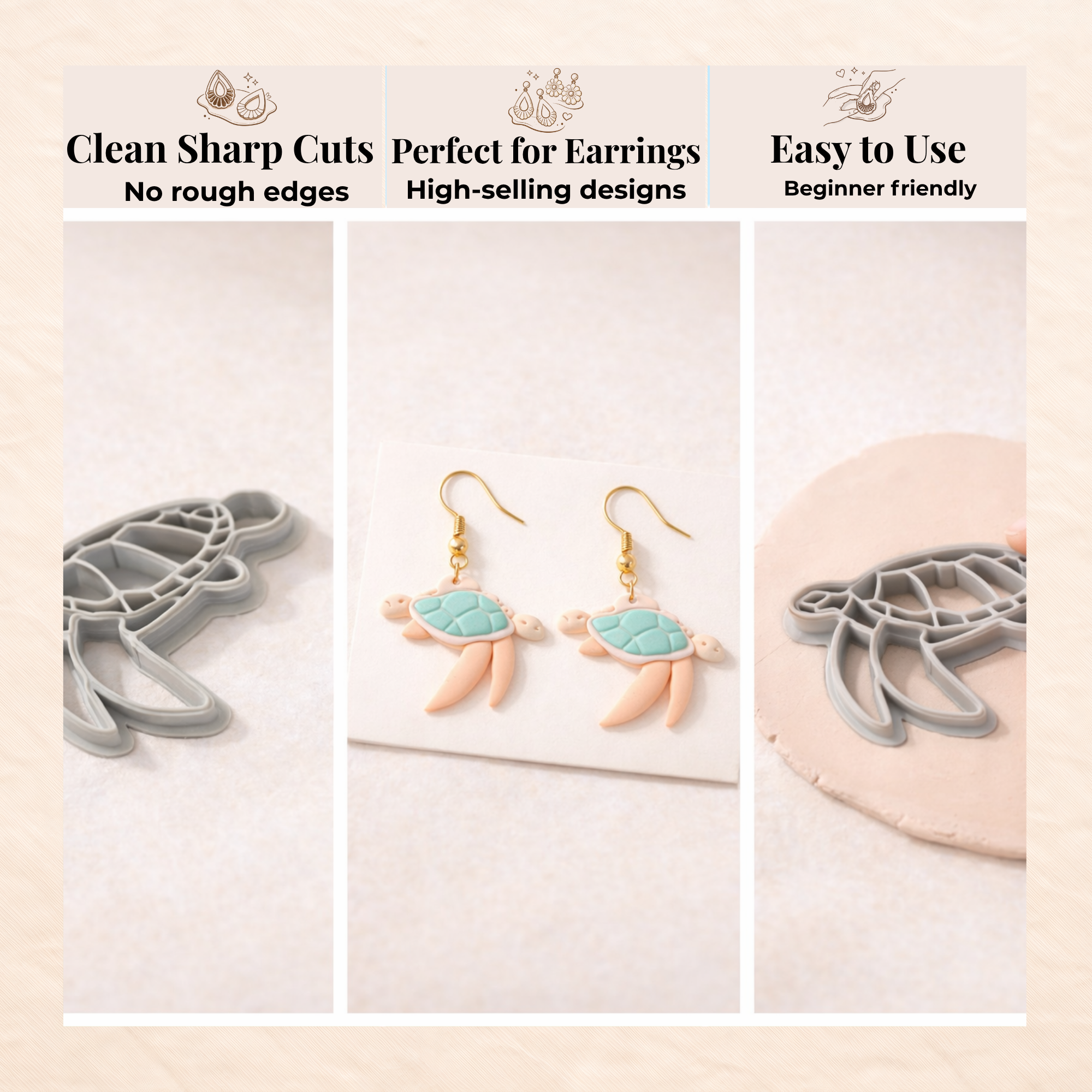 Turtle 4 Polymer Clay Cutter | 3D Printed Sea Turtle Clay Earring Cutter | Ocean Boho Clay Tool | Coastal Jewellery Making